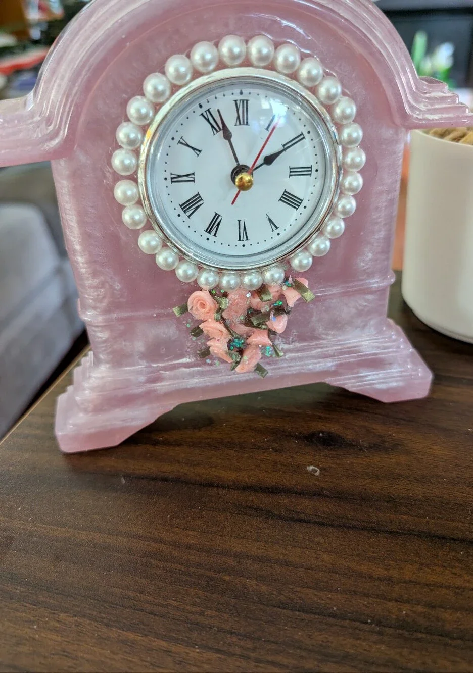 Blue & Pink Floral  Accent Mantel Clock - Handcrafted